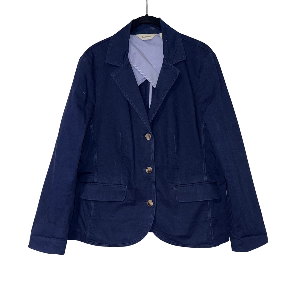 L.L.Bean Blazer Womens L Petite Navy Blue Cotton Blend 3-Button Sport Coat